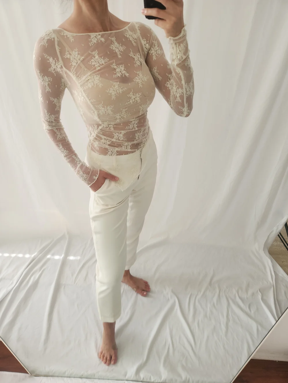 Free People Sheer Lace Long-Sleeve Top in Ivory